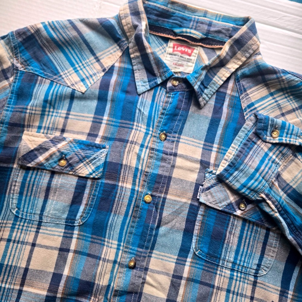 Levi's Western Shirt Mens‎ XXL Blue Plaid Button Up Long Sleeve 100% Cotton